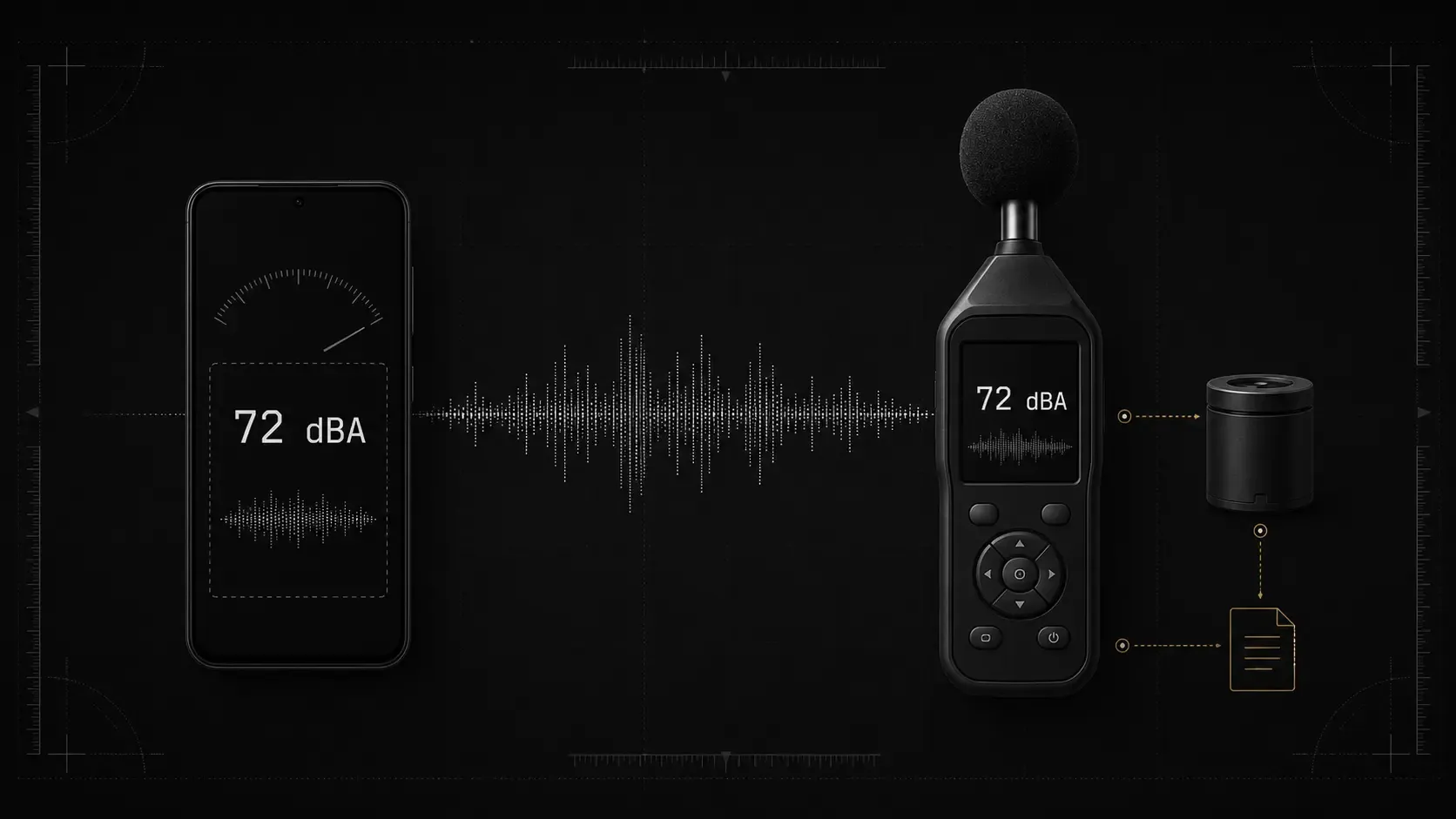 A smartphone and a professional sound level meter observe the same sound field, while the professional workflow also connects the meter to calibration and measurement records.